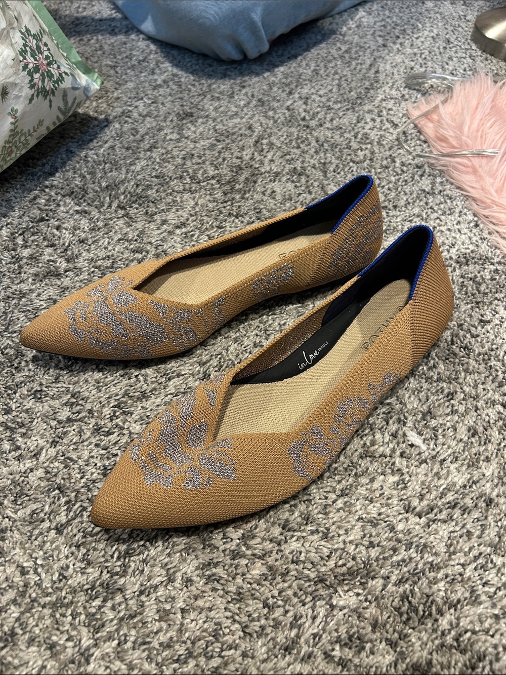 Rothy's Pointed Knit Flats in Tan with Silver Embroidery